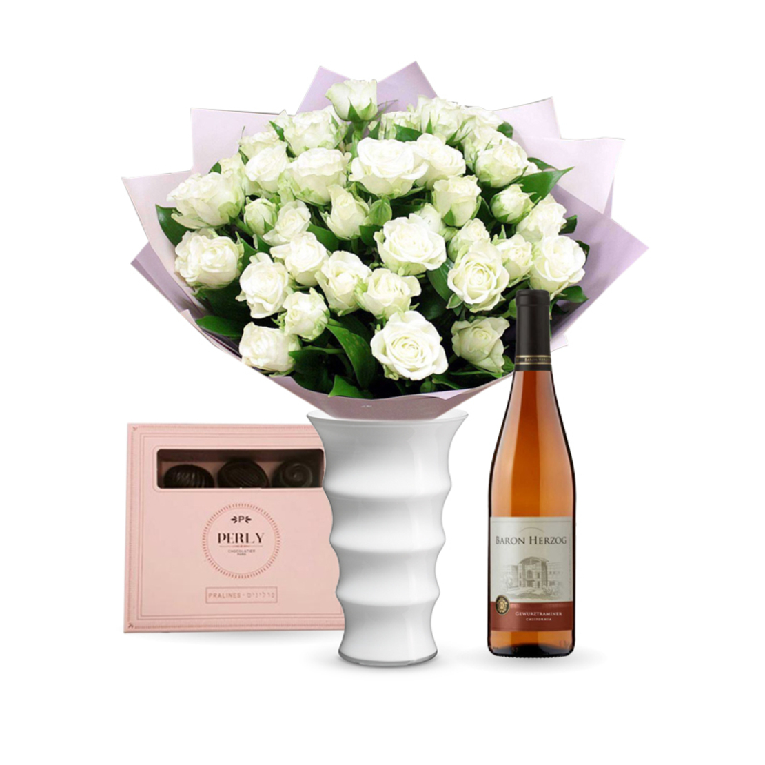 זר פרחים אהבה ראשונה + פרלינים Perly + יין (Melania)