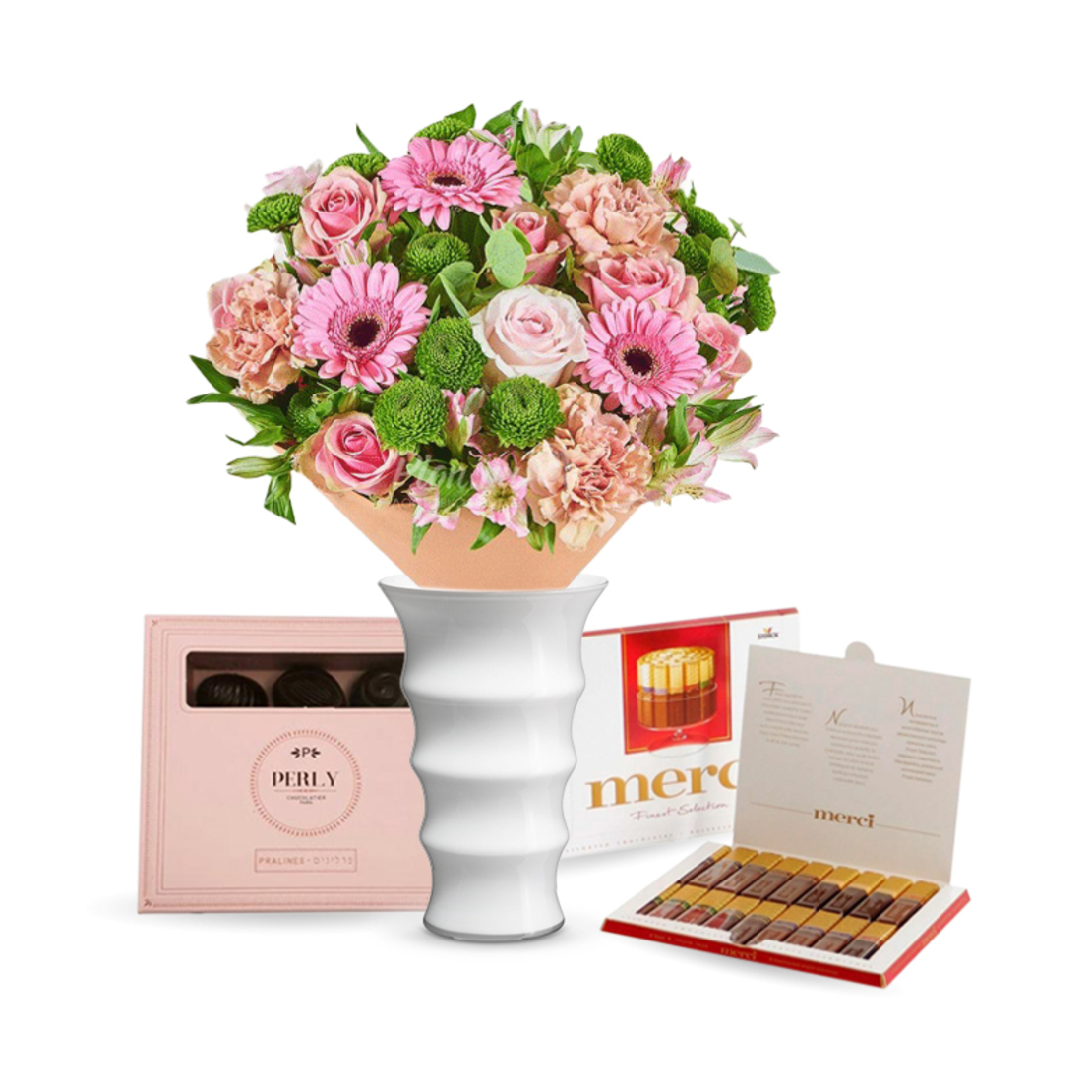 זר פרחים רגשות חמים + Merci + שוקולד (Augusta)