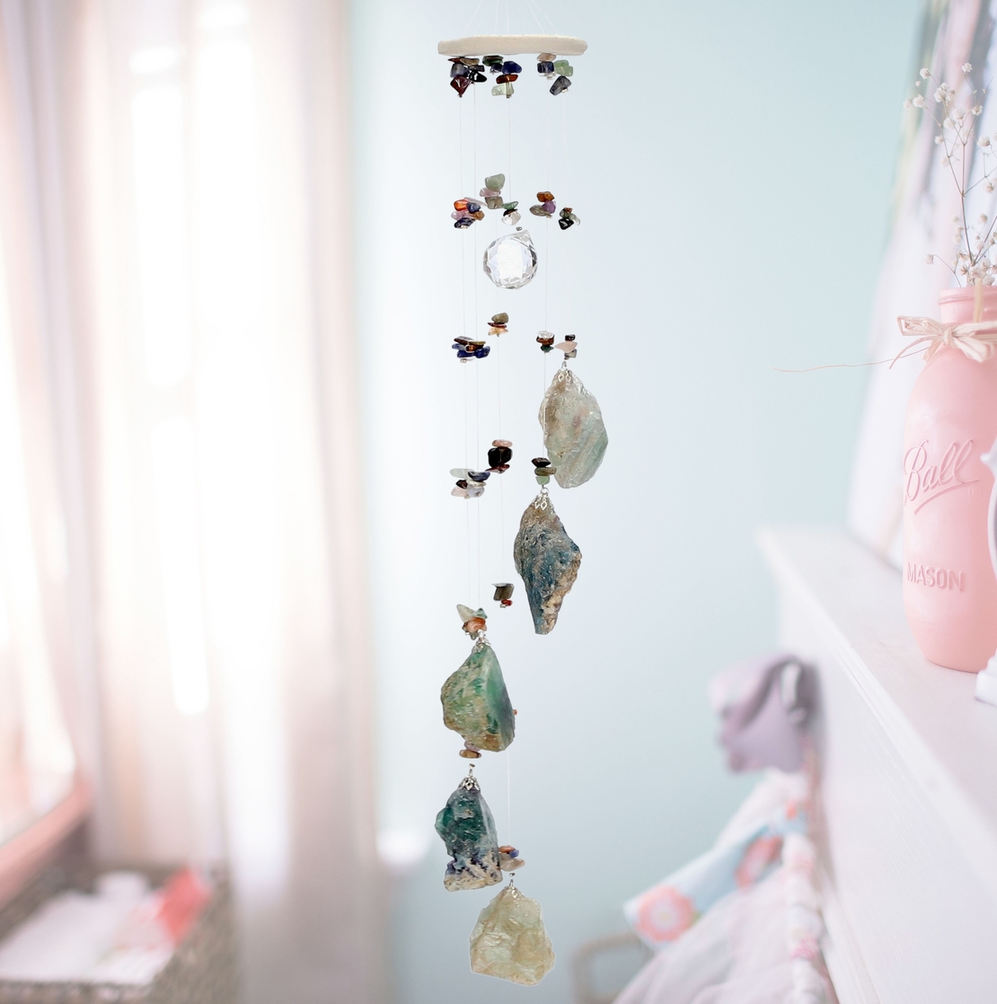 מובייל ספירלה משולב אבני פלורייט גולמי 6 זרועות 45 ס