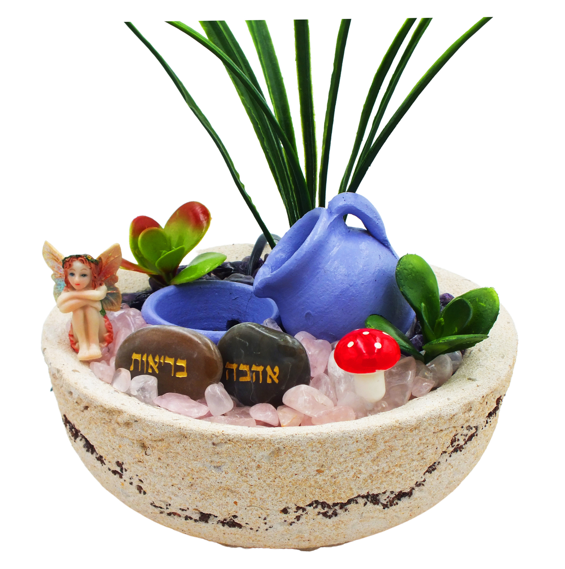 מפל מים עם רוזקוורץ ואמטיסט מוחלק בקערה עגולה 