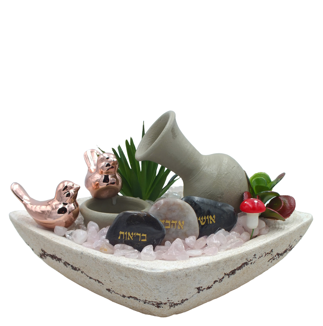 מפל מים עם רוזקוורץ וקריסטל קוורץ מוחלק בקערה מרובעת