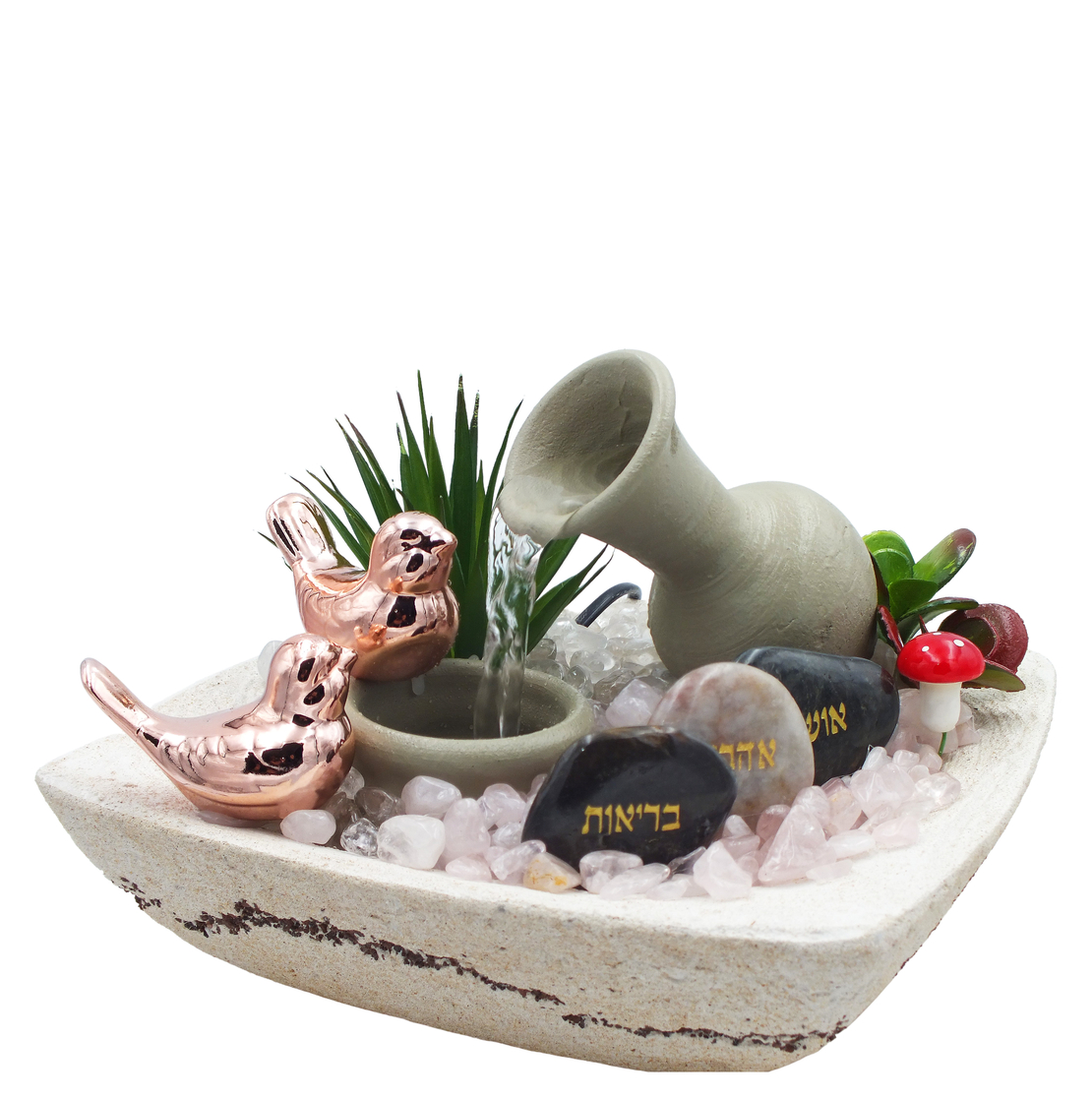 מפל מים עם רוזקוורץ וקריסטל קוורץ מוחלק בקערה מרובעת