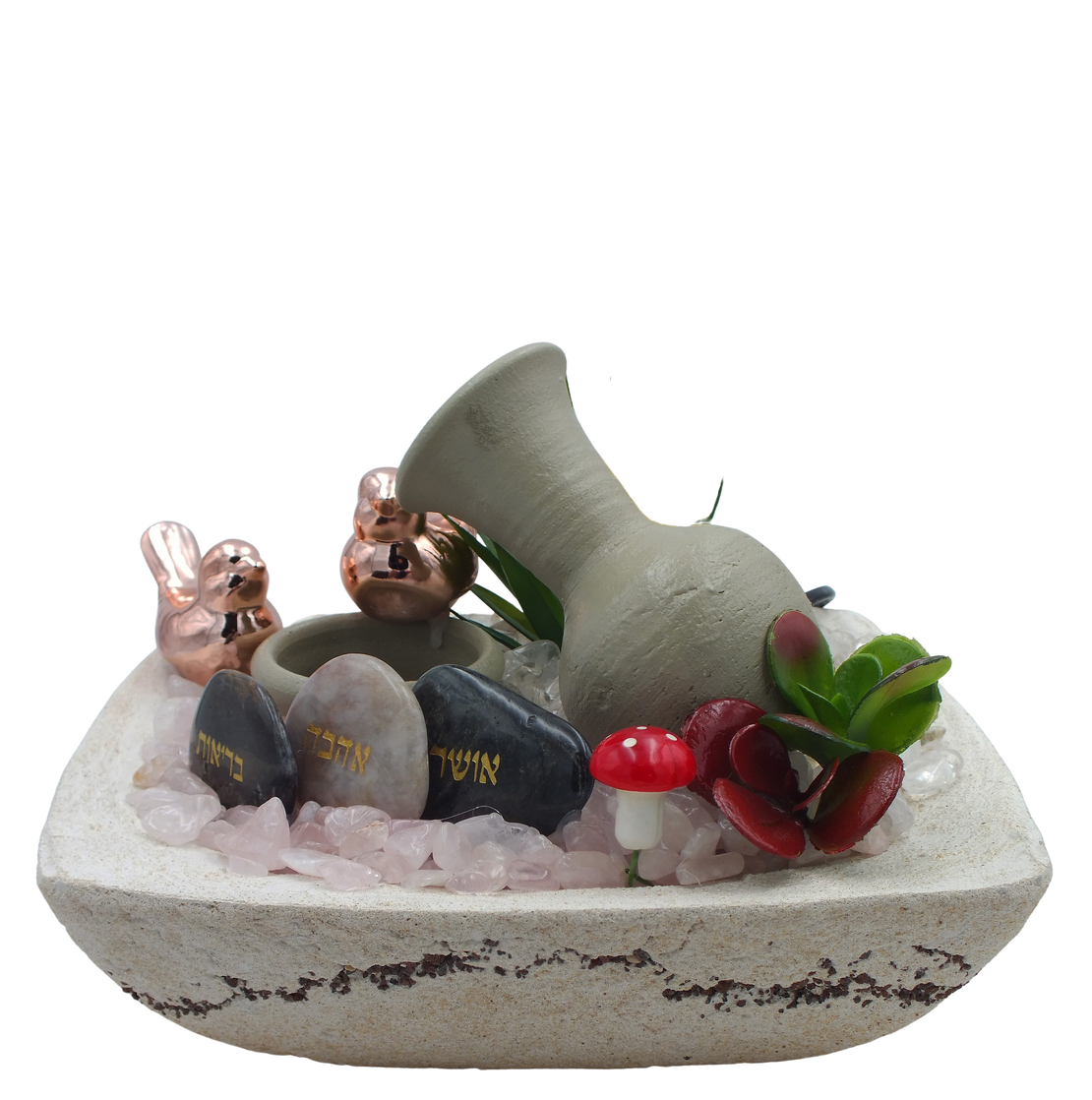 מפל מים עם רוזקוורץ וקריסטל קוורץ מוחלק בקערה מרובעת