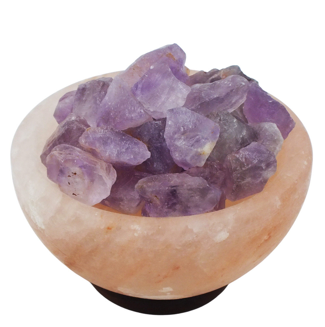 מנורת מלח הימלאיה טבעי מלוטש בצורת קערה עם גבישי קריסטל אמטיסט גולמיים