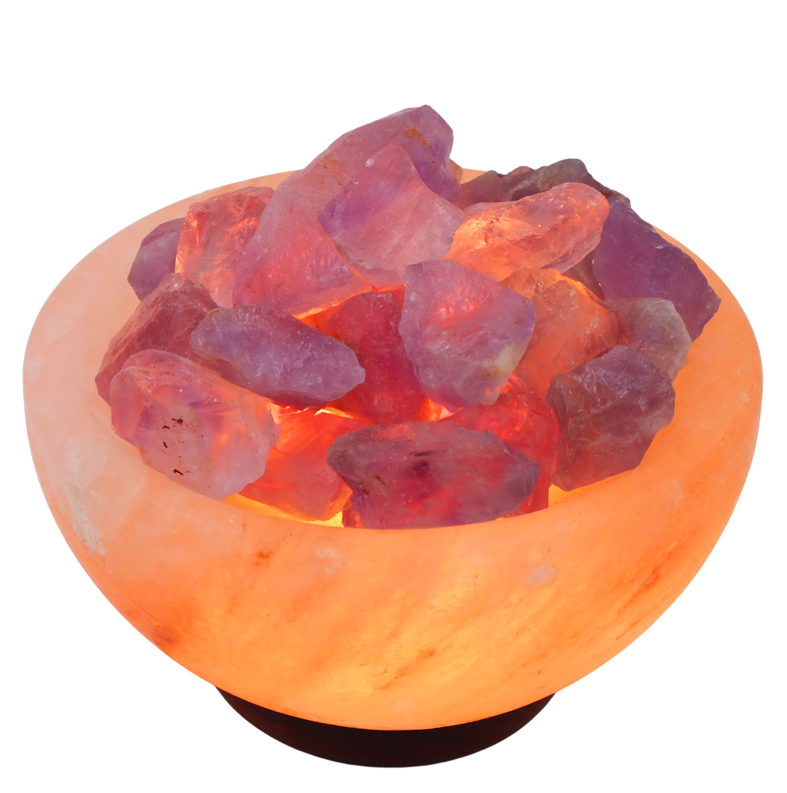 מנורת מלח הימלאיה טבעי מלוטש בצורת קערה עם גבישי קריסטל אמטיסט גולמיים