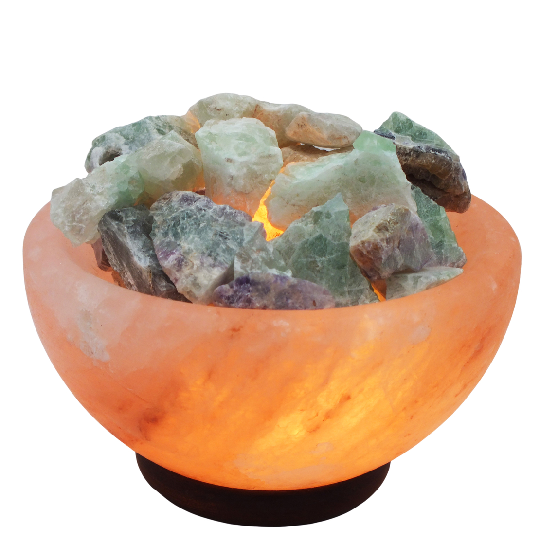 מנורת מלח הימלאיה טבעי מלוטש בצורת קערה עם גבישי קריסטל פלורייט גולמיים