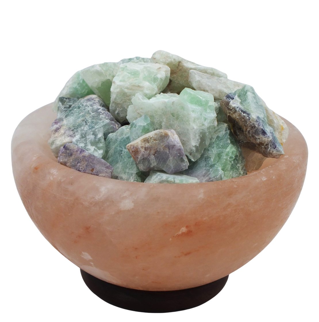 מנורת מלח הימלאיה טבעי מלוטש בצורת קערה עם גבישי קריסטל פלורייט גולמיים