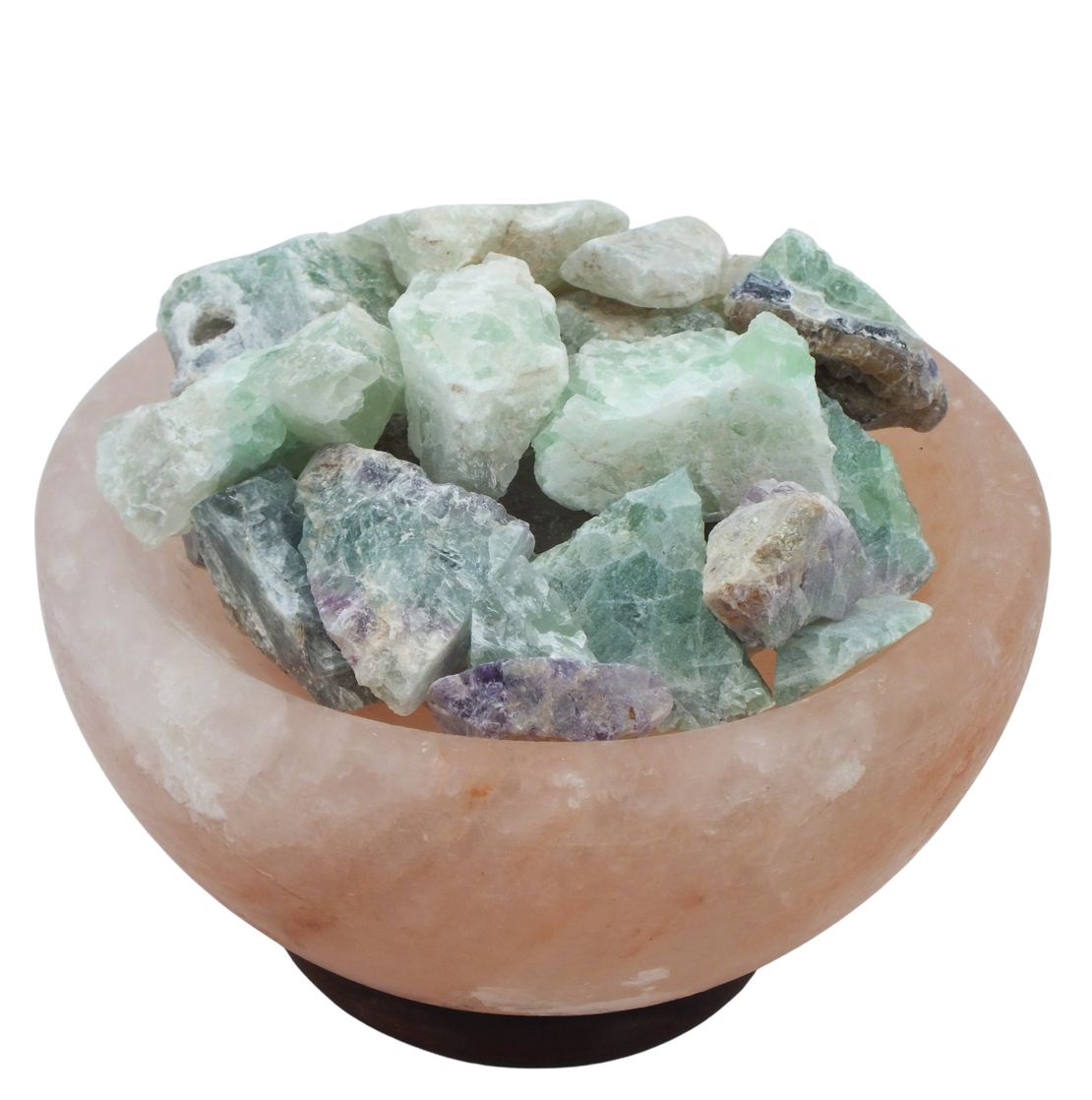 מנורת מלח הימלאיה טבעי מלוטש בצורת קערה עם גבישי קריסטל פלורייט גולמיים