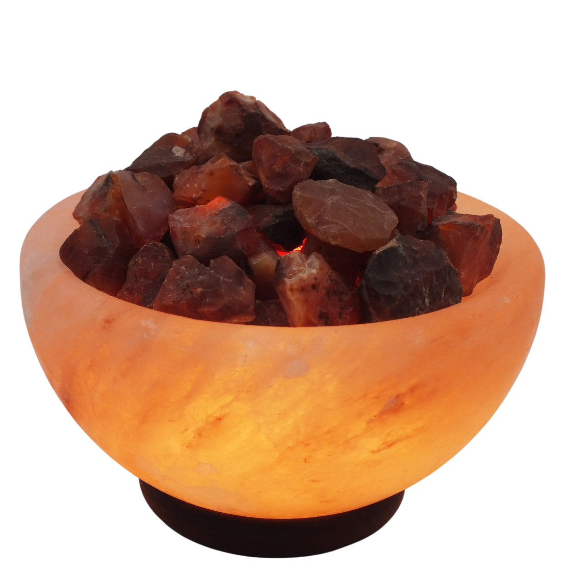 מנורת מלח הימלאיה טבעי מלוטש בצורת קערה עם גבישי קריסטל קרנליאן גולמיים