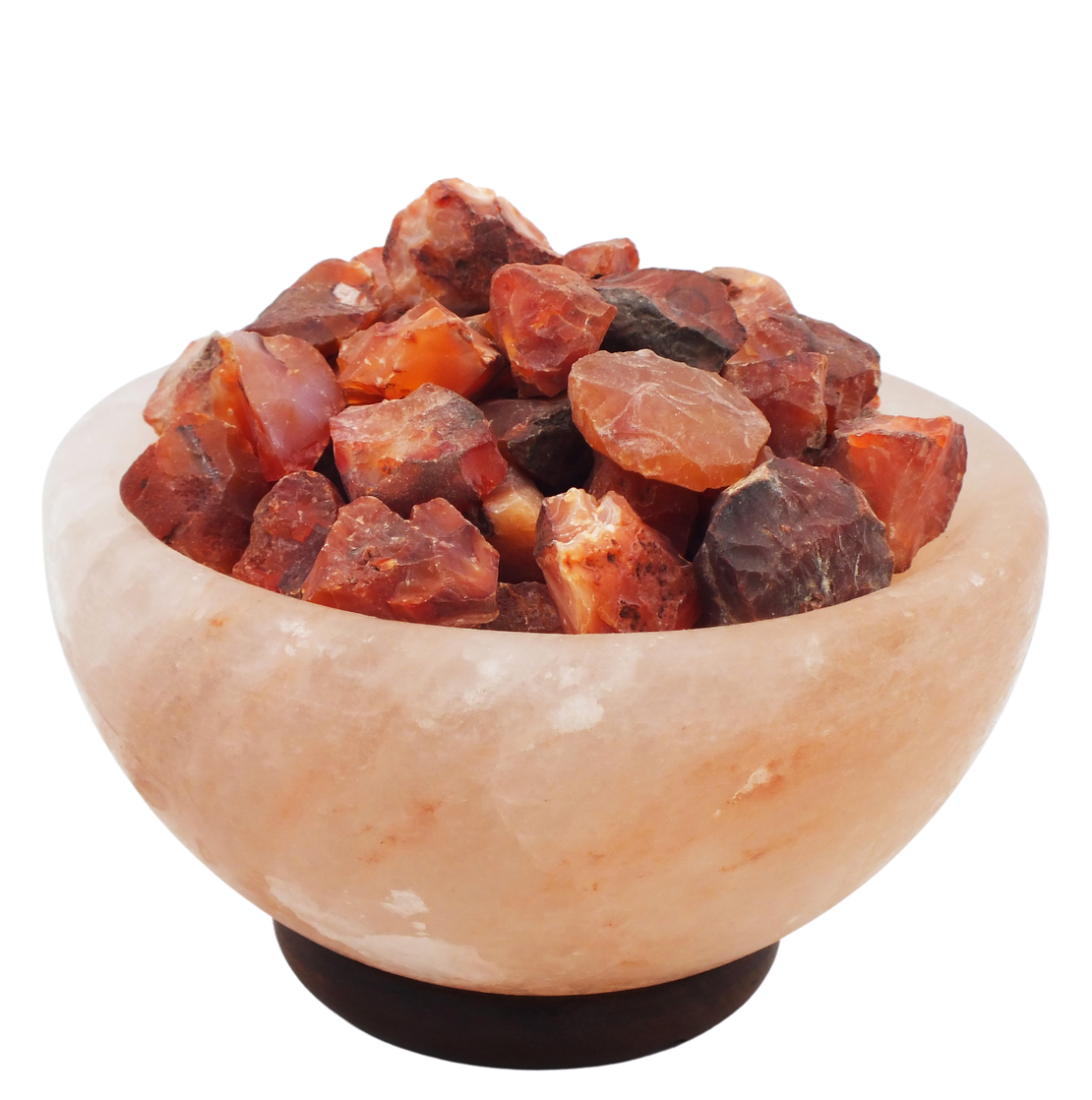 מנורת מלח הימלאיה טבעי מלוטש בצורת קערה עם גבישי קריסטל קרנליאן גולמיים