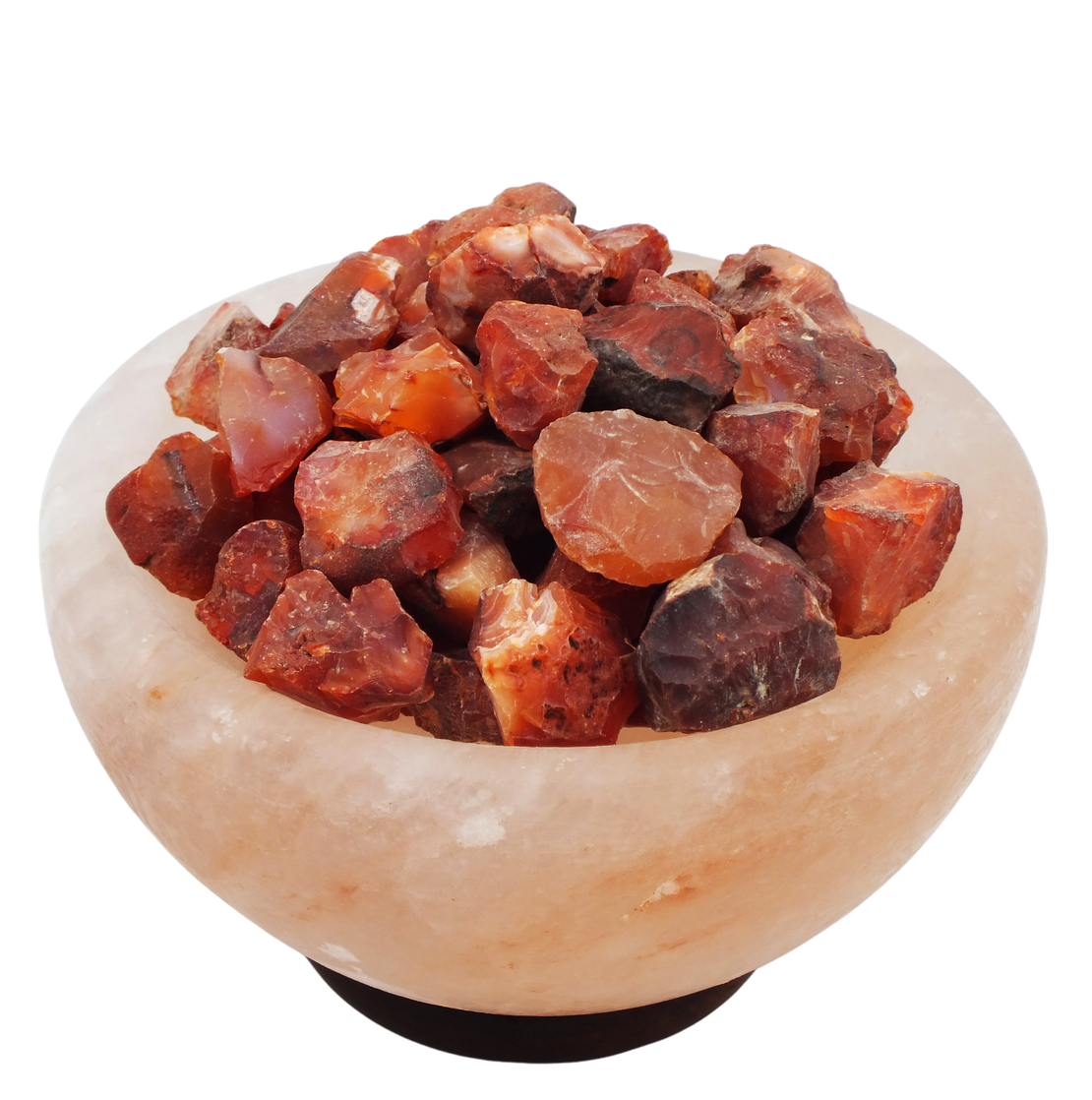 מנורת מלח הימלאיה טבעי מלוטש בצורת קערה עם גבישי קריסטל קרנליאן גולמיים