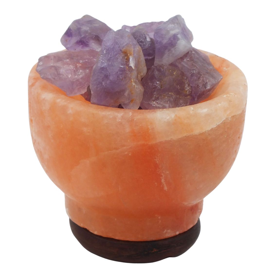 מנורת מלח הימלאיה טבעי מלוטש בצורת גביע עם גבישי קריסטל אמטיסט גולמיים