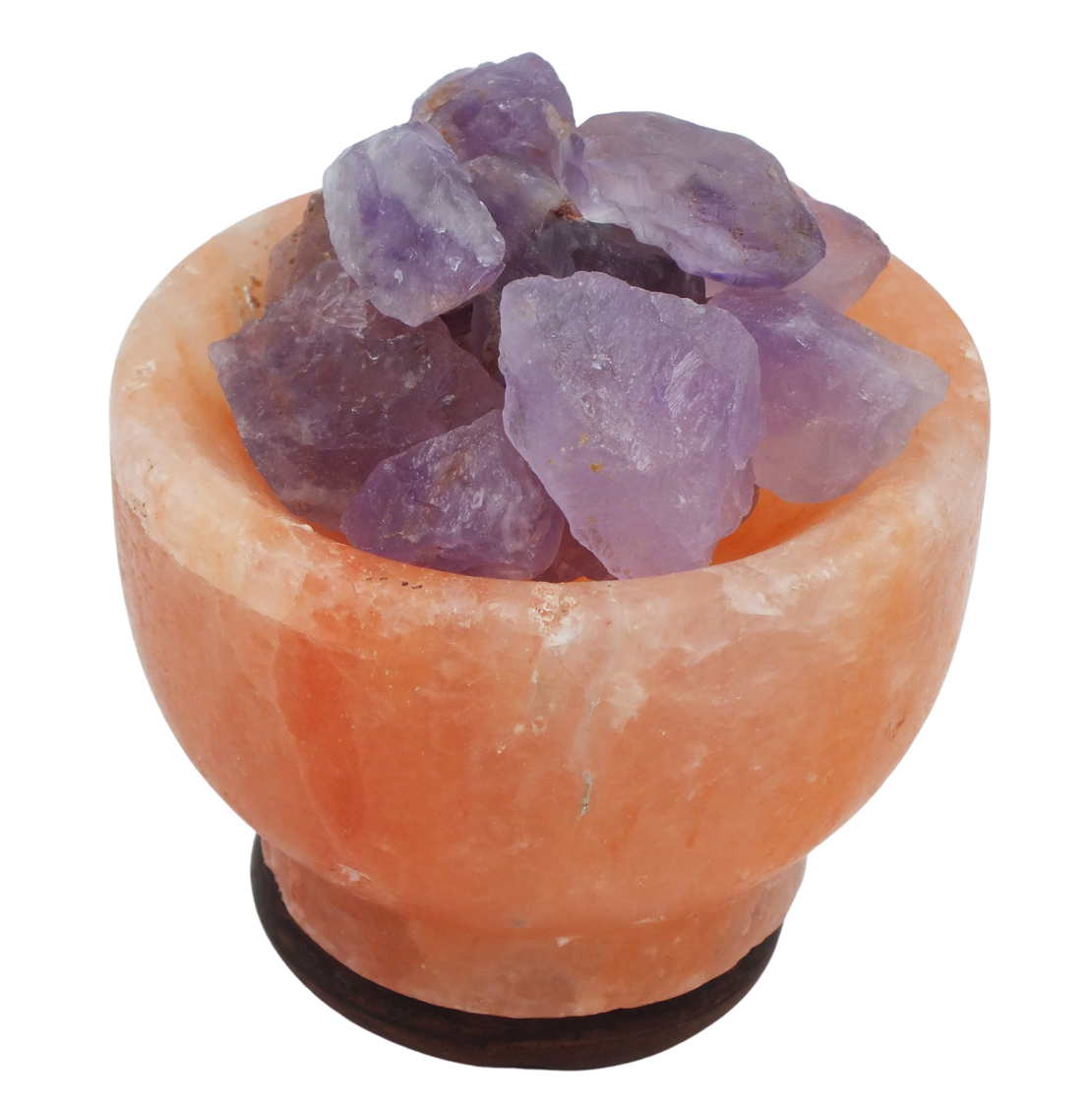 מנורת מלח הימלאיה טבעי מלוטש בצורת גביע עם גבישי קריסטל אמטיסט גולמיים