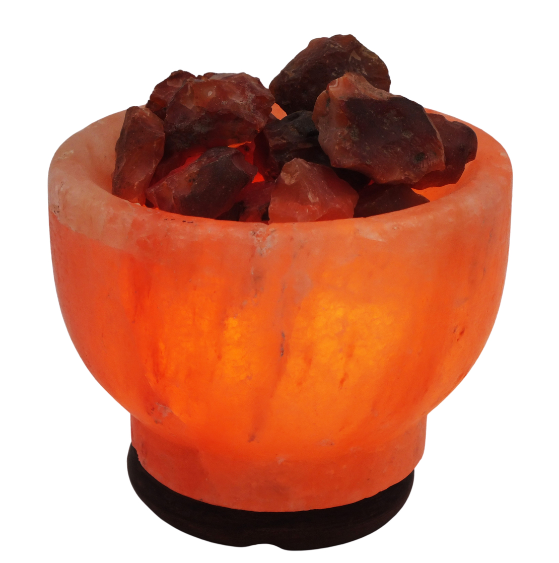 מנורת מלח הימלאיה טבעי מלוטש בצורת גביע עם גבישי קריסטל קרנליאן גולמיים