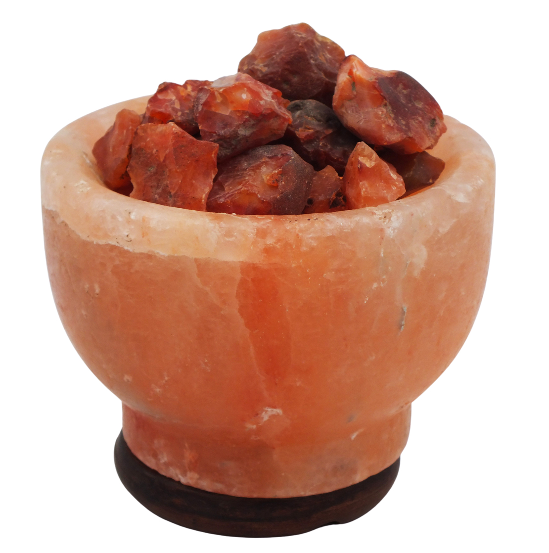 מנורת מלח הימלאיה טבעי מלוטש בצורת גביע עם גבישי קריסטל קרנליאן גולמיים