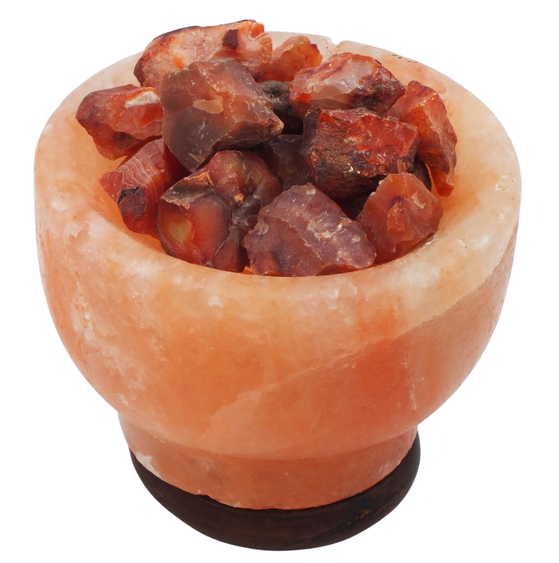 מנורת מלח הימלאיה טבעי מלוטש בצורת גביע עם גבישי קריסטל קרנליאן גולמיים