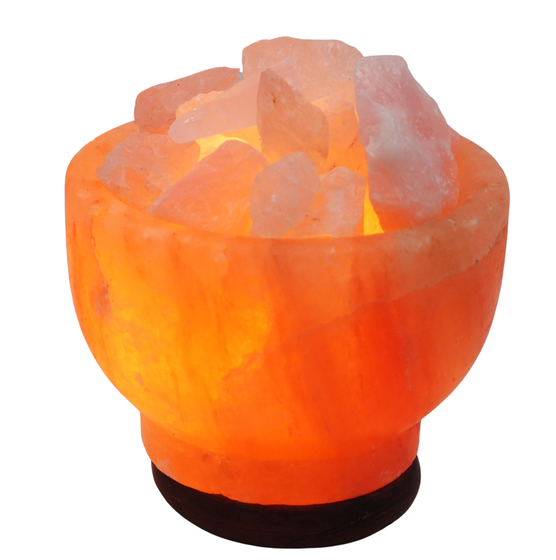 מנורת מלח הימלאיה טבעי מלוטש בצורת גביע עם גבישי קריסטל רוזקוורץ גולמיים