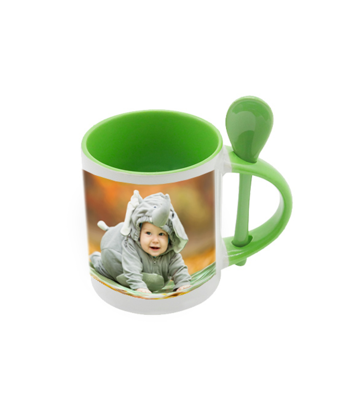 הדפסה על ספל צבעוני עם כפית.