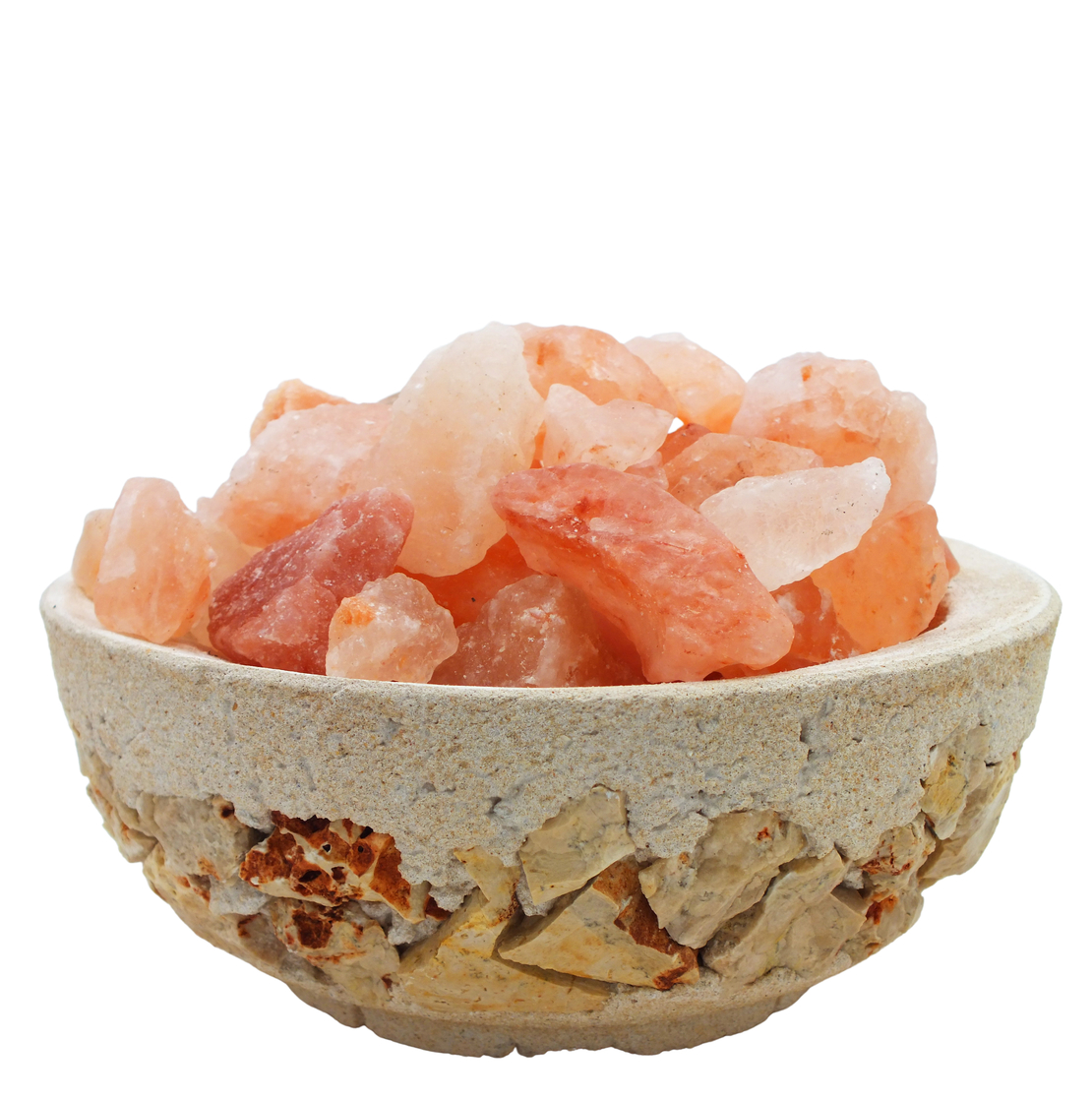 מנורת גבישי מלח הימלאיה בקערת חרס עגולה מעוטרת באבן טבעית