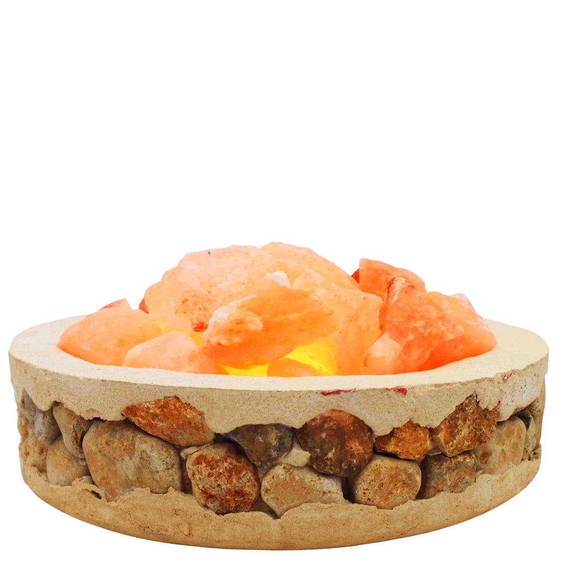 מנורת גבישי מלח הימלאיה בקערה עגולה משולבת בחלוקי נחל