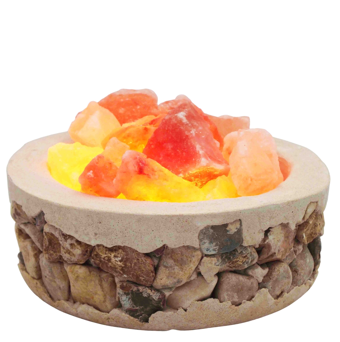 מנורת גבישי מלח הימלאיה בקערה עגולה משולבת בחלוקי נחל