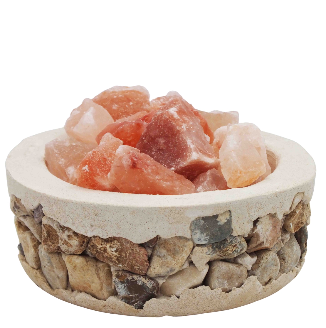 מנורת גבישי מלח הימלאיה בקערה עגולה משולבת בחלוקי נחל