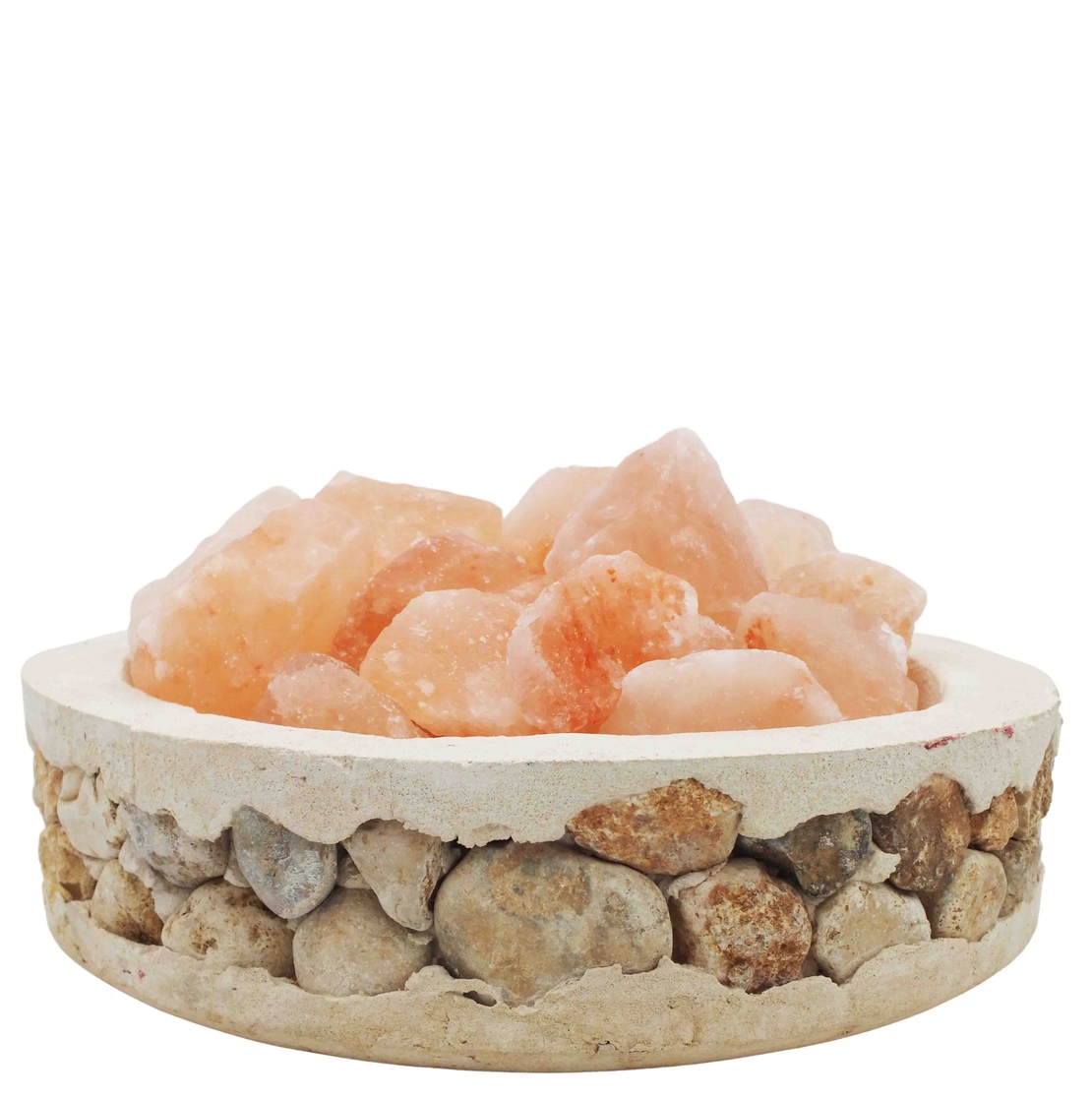 מנורת גבישי מלח הימלאיה בקערה עגולה משולבת בחלוקי נחל