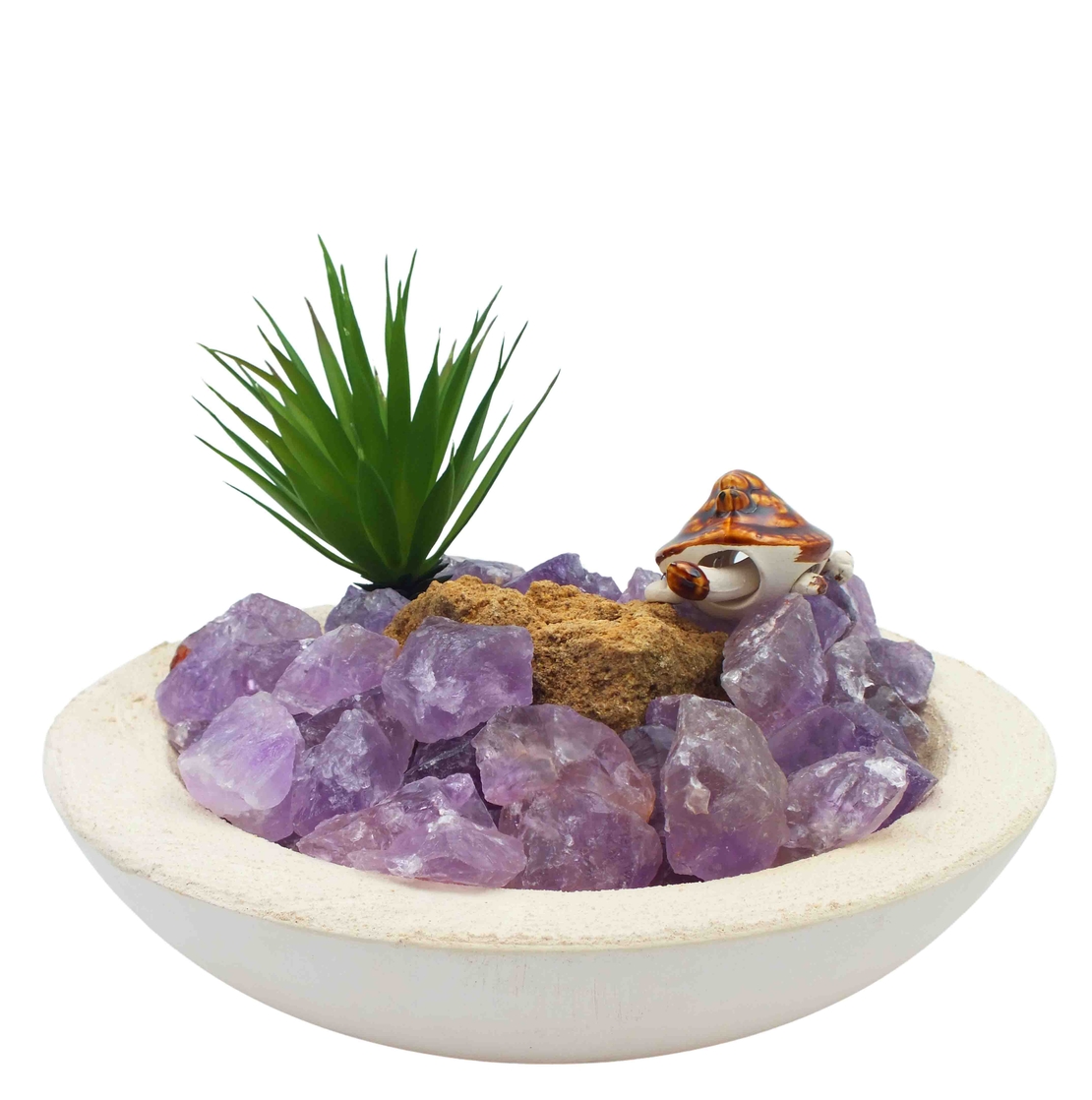 מזרקה עם אמטיסט גולמי בקערה עגולה לבנה 