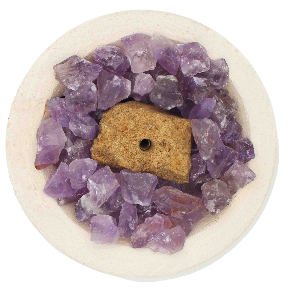 מזרקה עם אמטיסט גולמי בקערה עגולה לבנה 