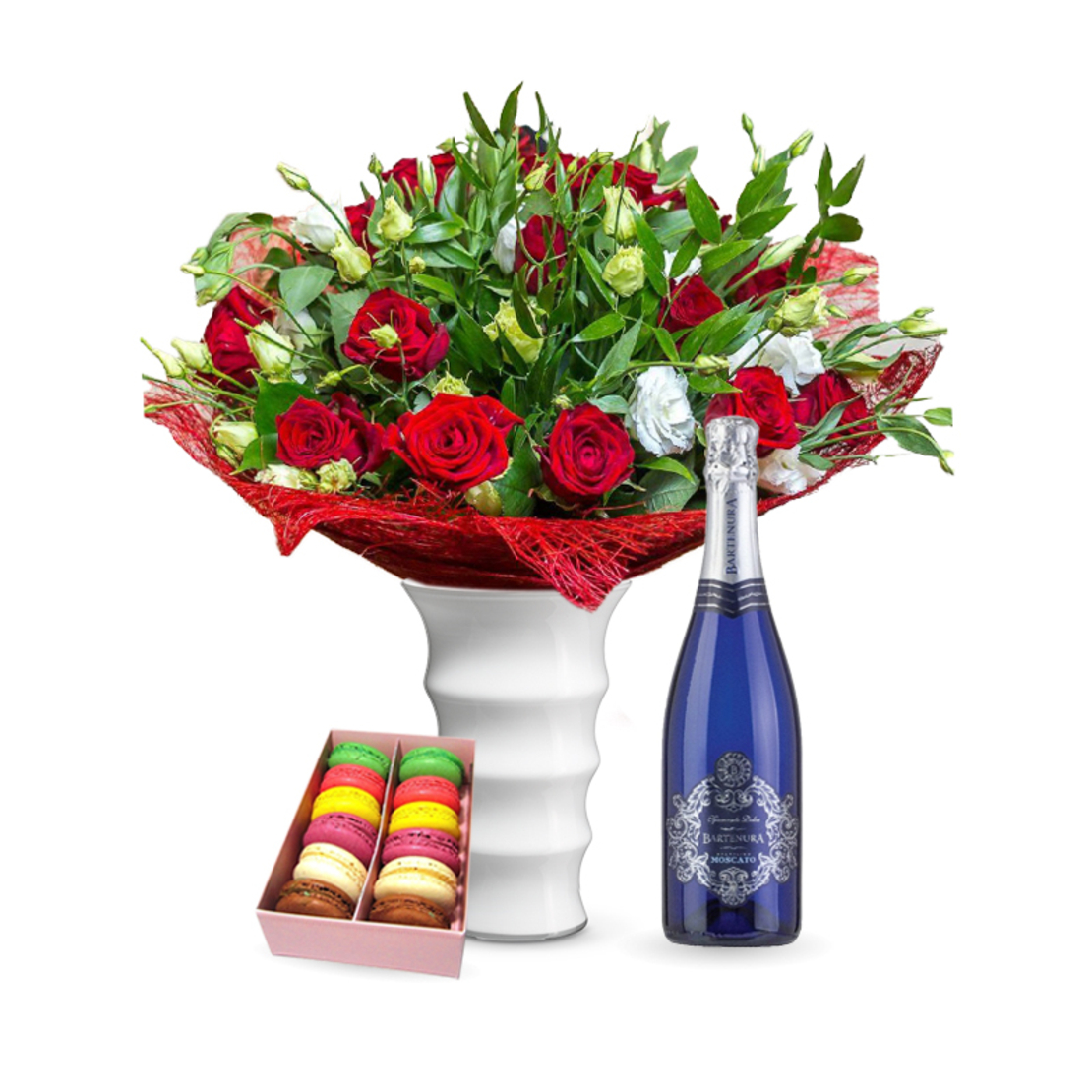 זר פרחים רומנטיקה קלאסית + ברטנורא מוסקטו + עוגיות מקרון