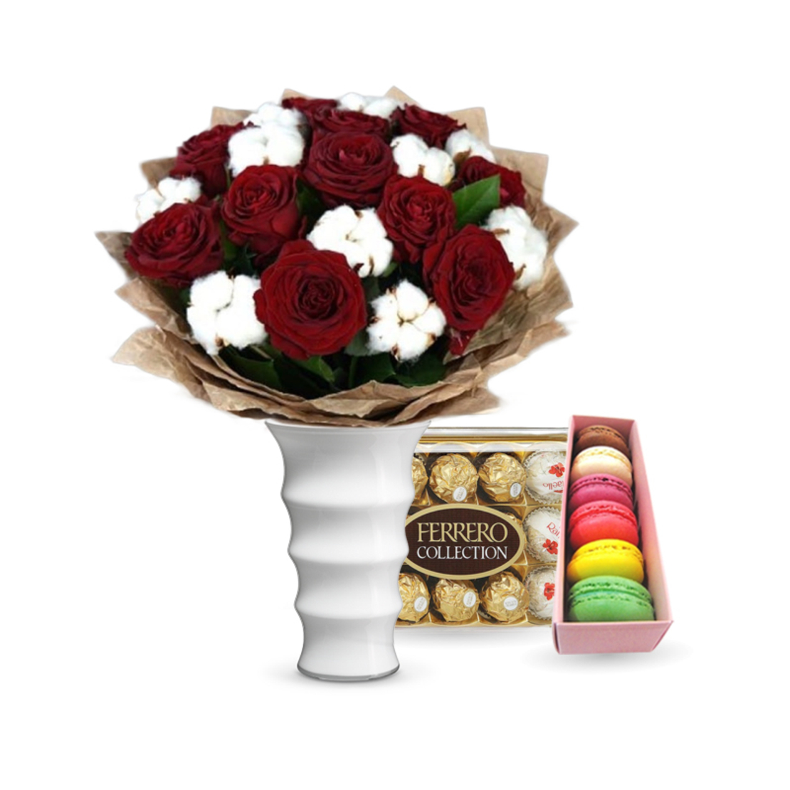 זר פרחים רגשות לוהטים + פררה רושה + עוגיות מקרון