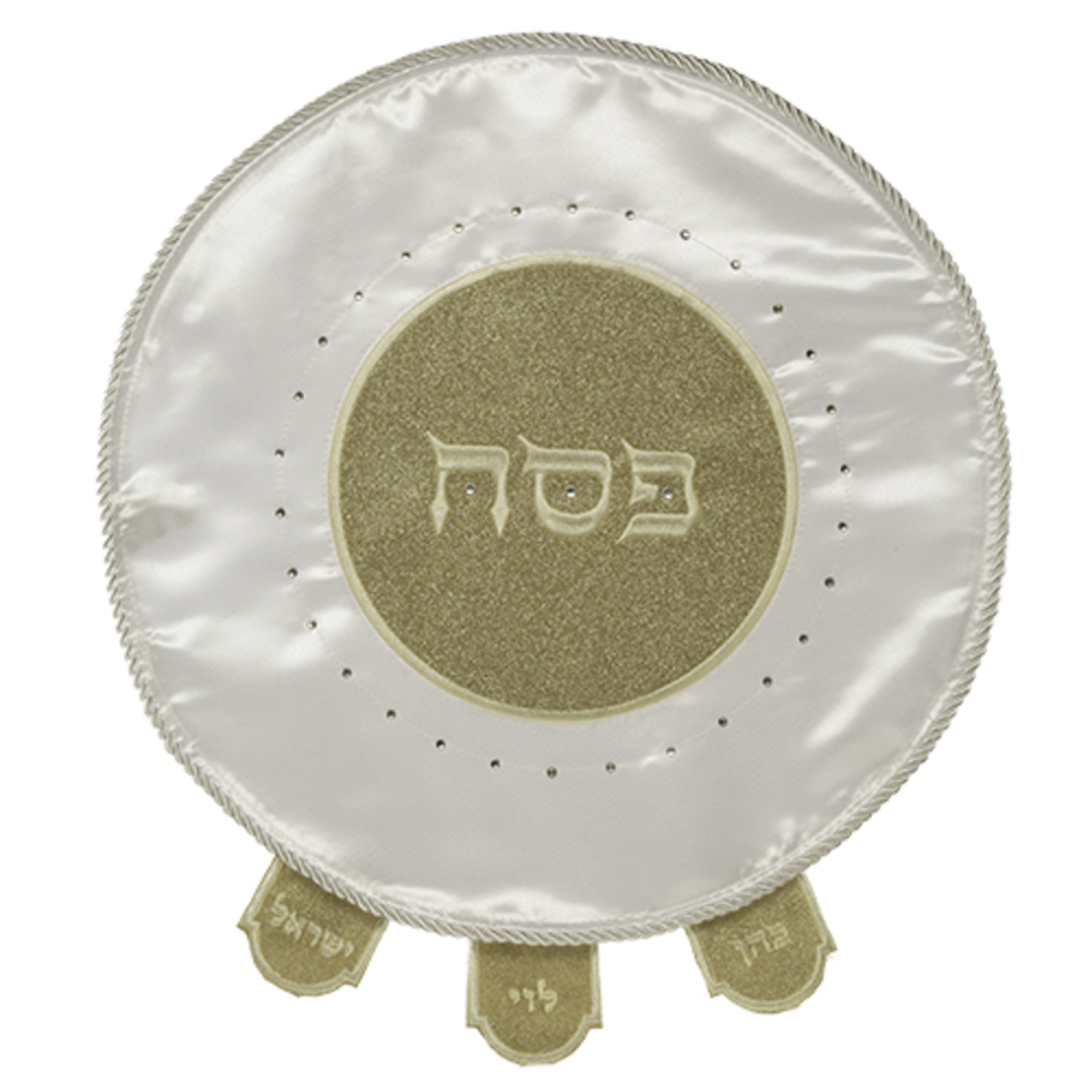 כיסוי מצה מהודר לבן מסאטן משובץ אבנים עם נצנצים מוזהבים בעיצוב מעוגל במרכז 46 ס