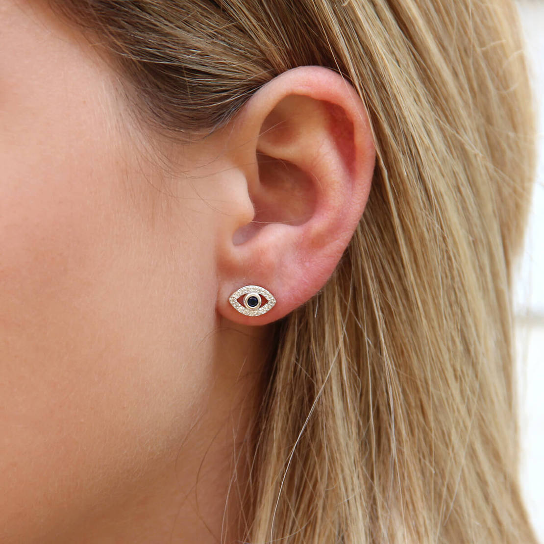 עגילי עין זירקונים שקופים - כסף 925  