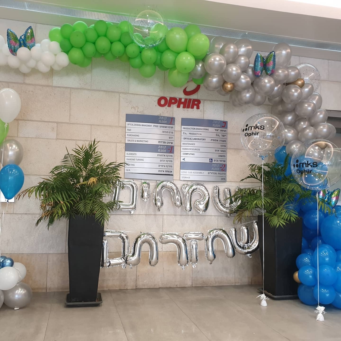 עיצוב אורגני מטפס על הקיר עם כיתוב בשילוב בלונים שקופים