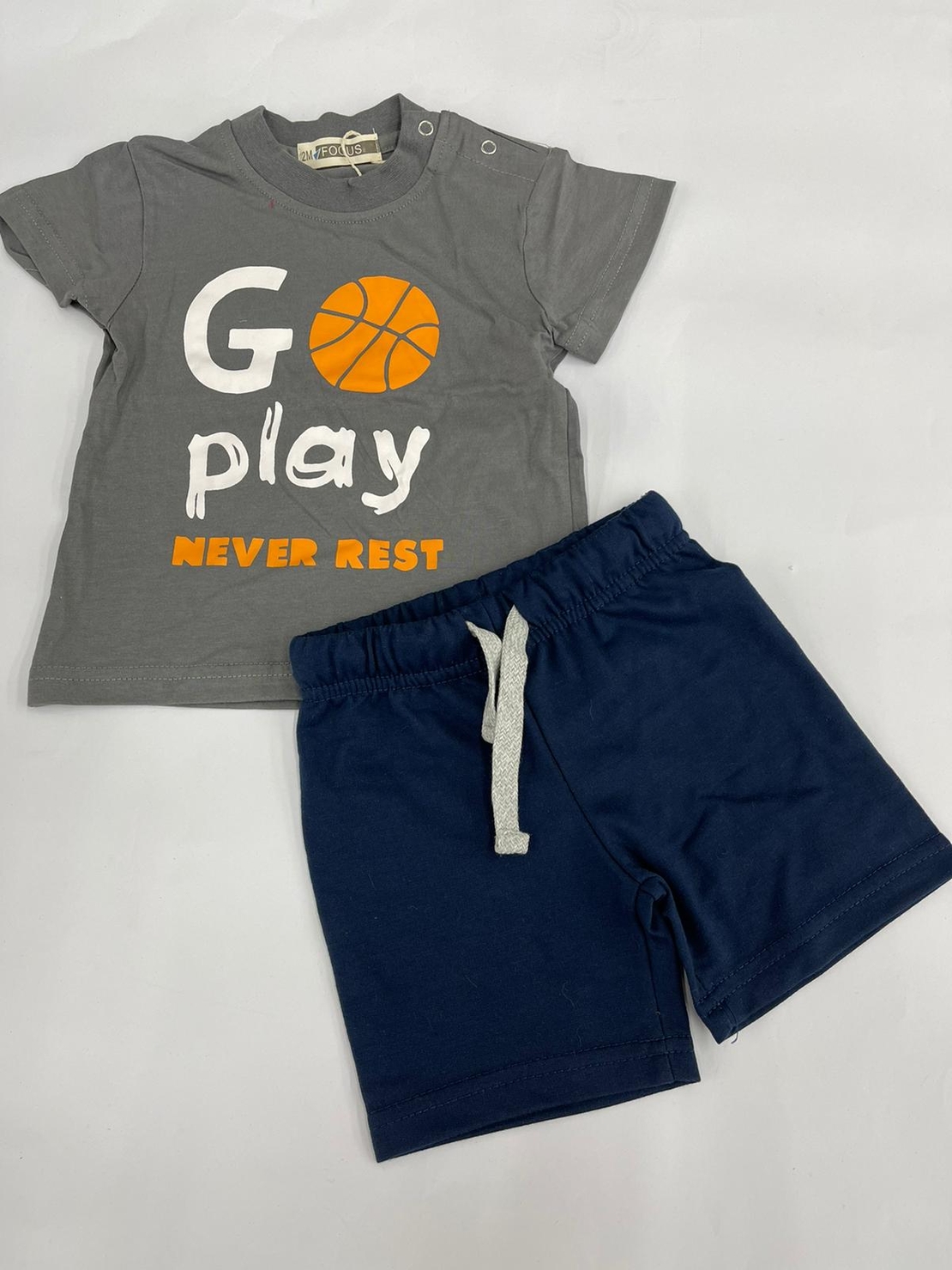 חליפת בייבי בנים 100% כותנה FOCUS (אפור\לבן\כחול) 