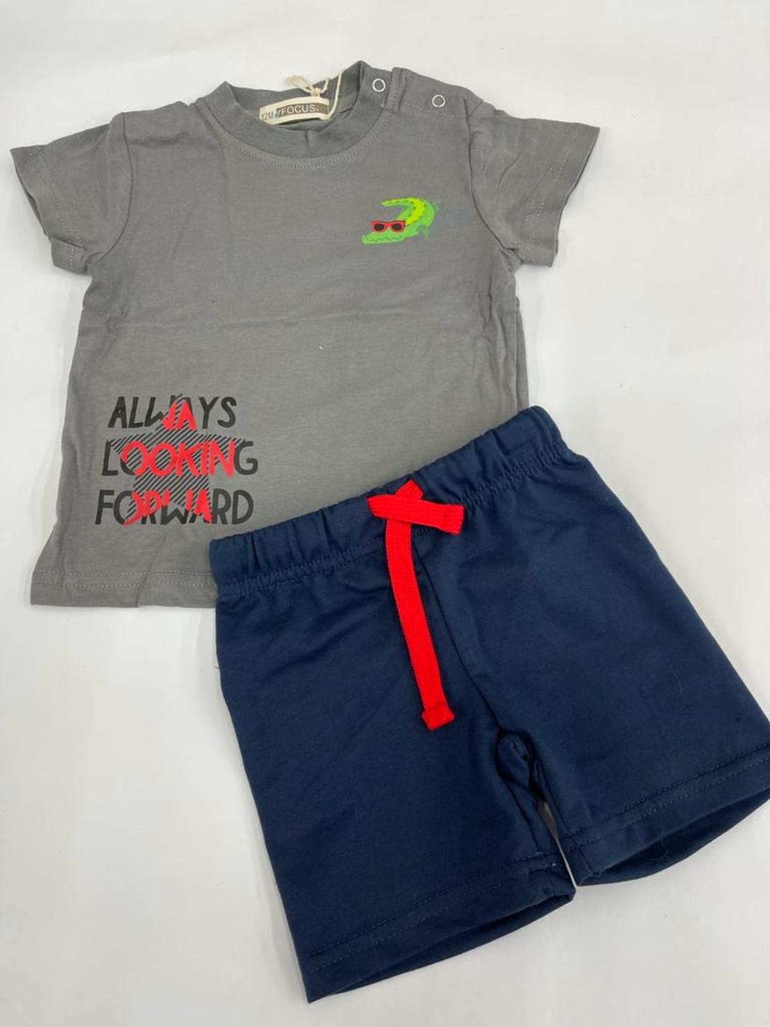 חליפת בייבי בנים 100% כותנה FOCUS (כחול\אפור\לבן)