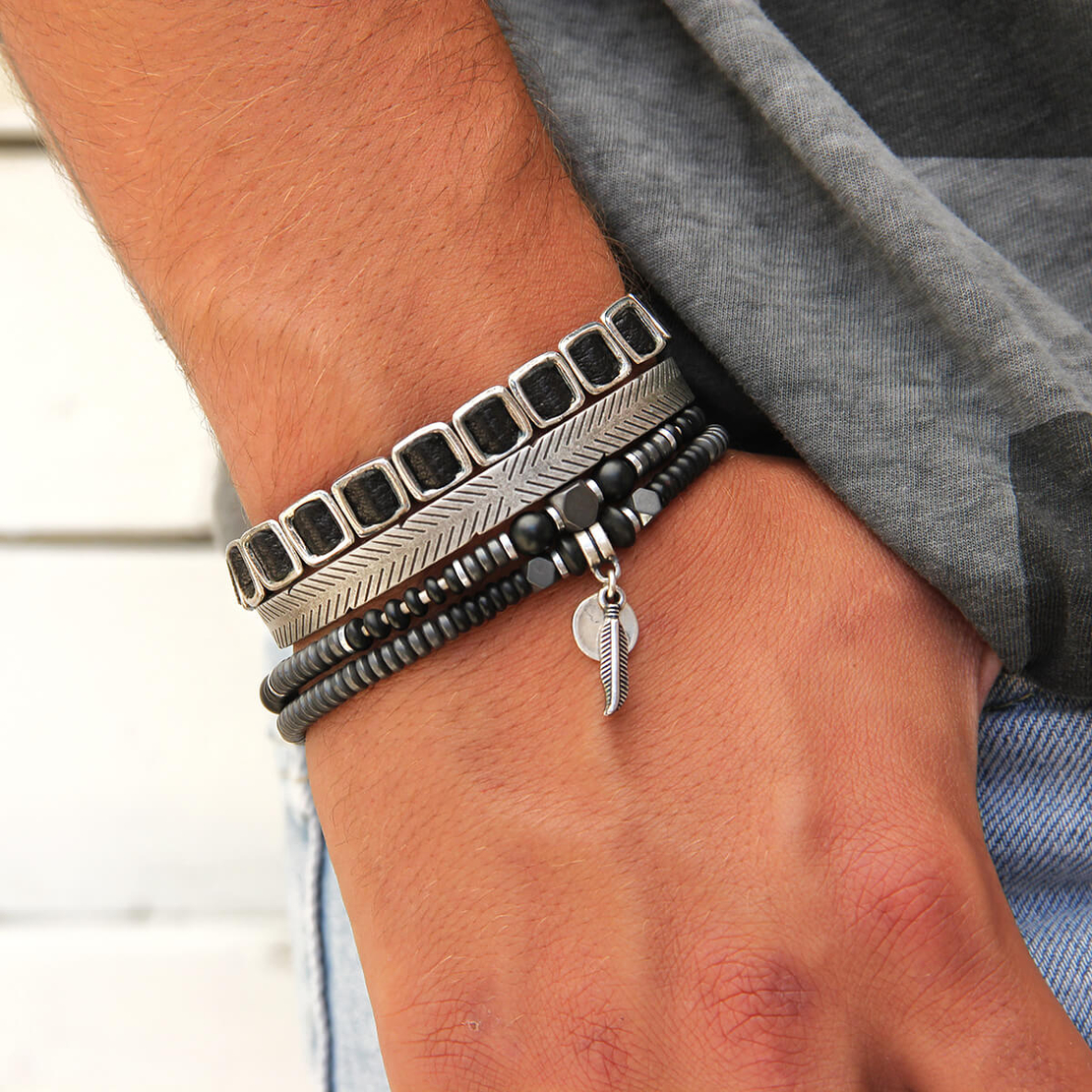 צמיד מיני ענת גברים - שחור, כסוף