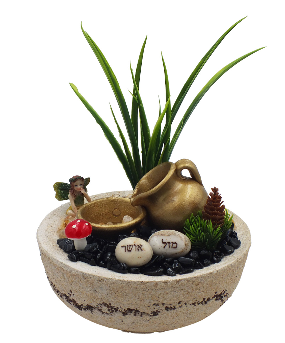 מזרקת מפל מים בקערה עגולה עם סיטרין ואוניקס