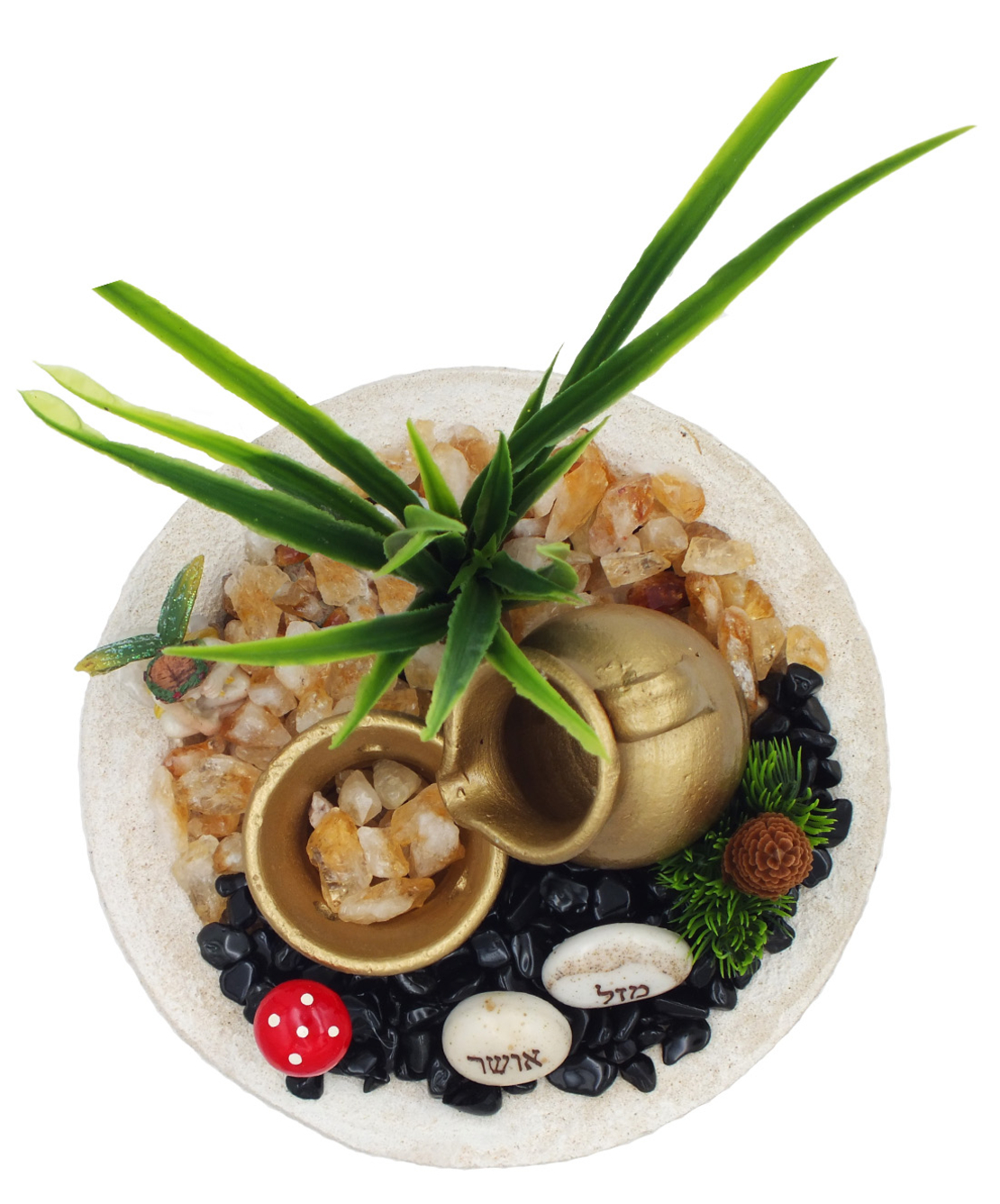 מזרקת מפל מים בקערה עגולה עם סיטרין ואוניקס