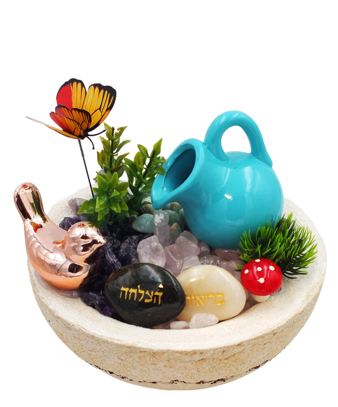 מפל מים קערה עגולה עם אמזונייט, רוזקוורץ ואמטיסט