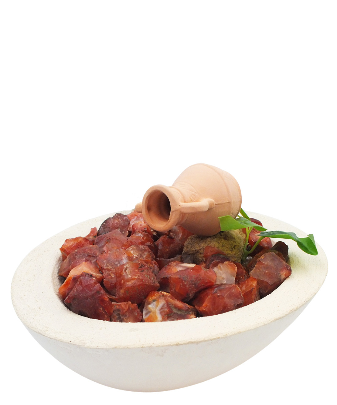 מפל מים בקערה לבנה בצורת טיפה עם קרנליאן