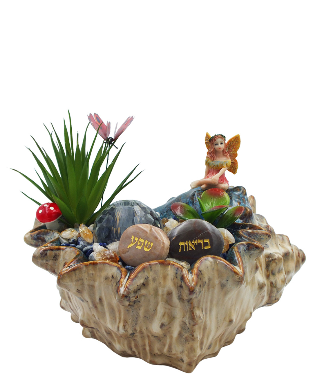 מזרקת מעיין נובע עם לאפיס לזולי וסיטרין מוחלקות בקערה דמוית קונכיה עם כדור קריסטל