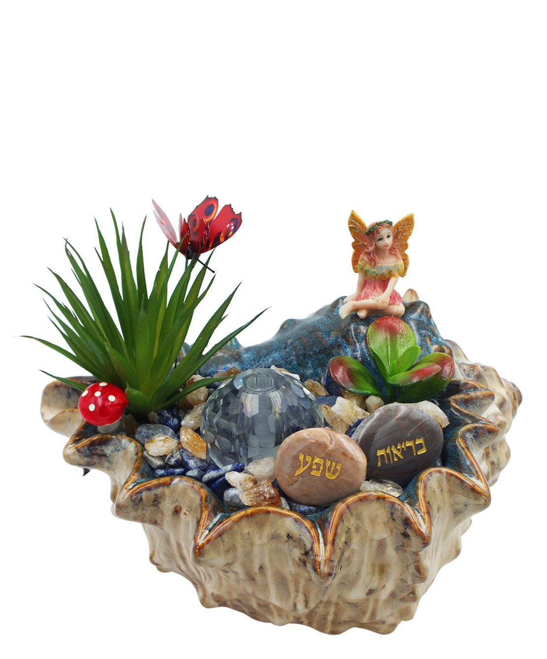 מזרקת מעיין נובע עם לאפיס לזולי וסיטרין מוחלקות בקערה דמוית קונכיה עם כדור קריסטל