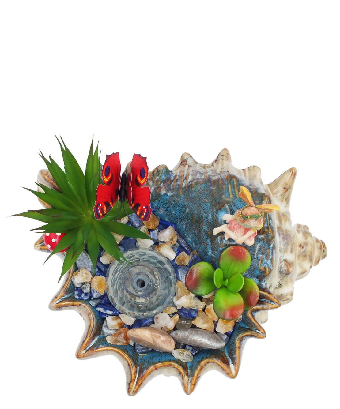 מזרקת מעיין נובע עם לאפיס לזולי וסיטרין מוחלקות בקערה דמוית קונכיה עם כדור קריסטל