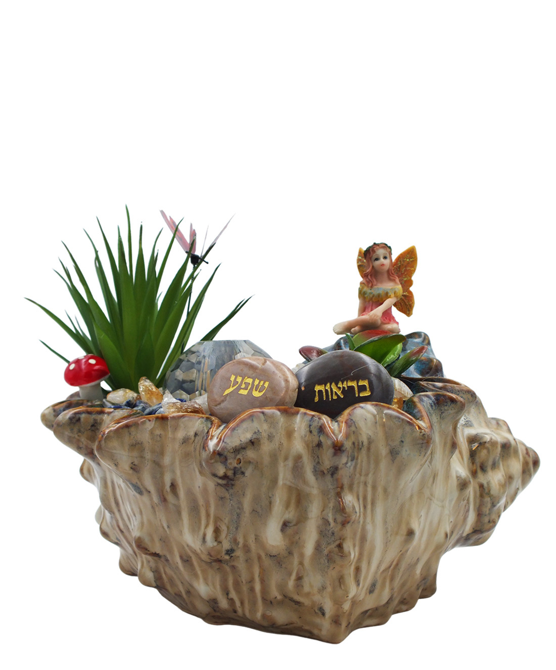 מזרקת מעיין נובע עם לאפיס לזולי וסיטרין מוחלקות בקערה דמוית קונכיה עם כדור קריסטל