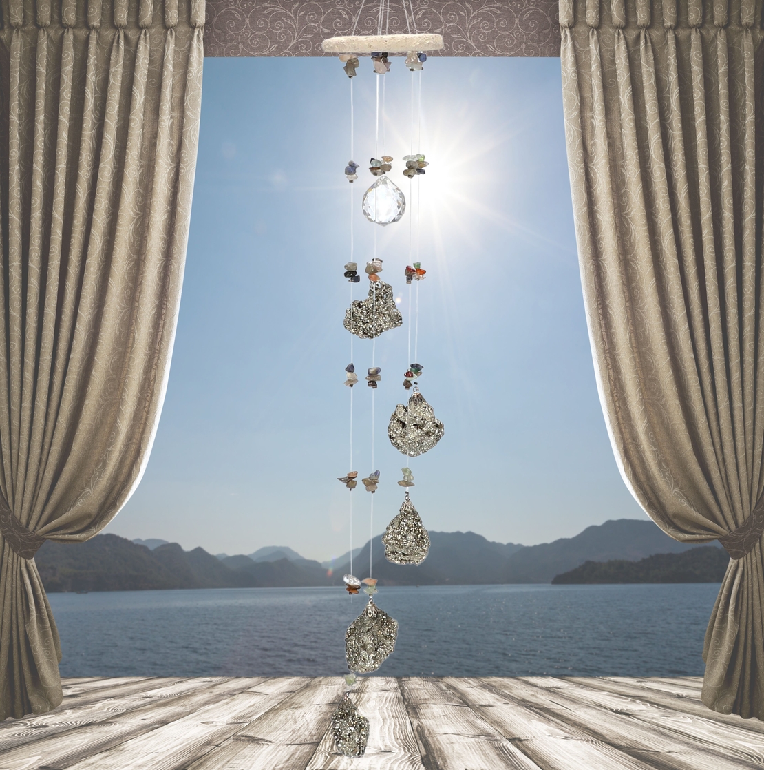 מובייל ספירלה משולב אבני פיריט גולמיות 6 זרועות 45 ס