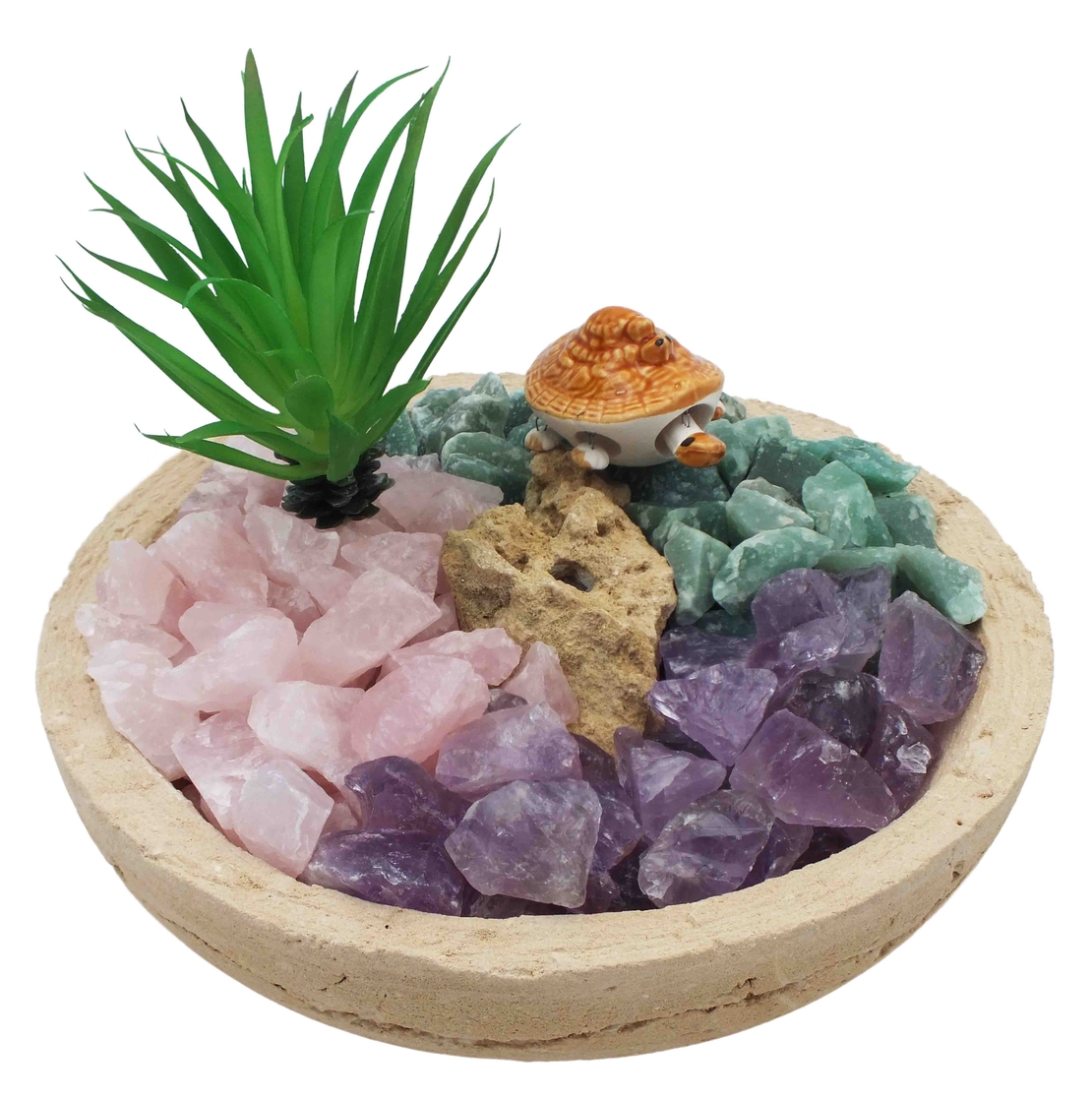 מעיין נובע בקערה עגולה במראה טבעי - אמטיסט, רוזקוורץ ואוונטורין ירוק גולמיות