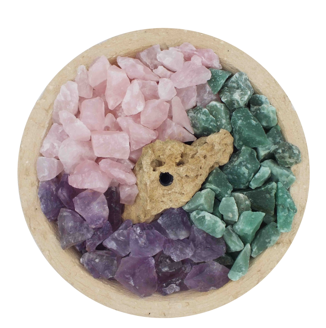 מעיין נובע בקערה עגולה במראה טבעי - אמטיסט, רוזקוורץ ואוונטורין ירוק גולמיות