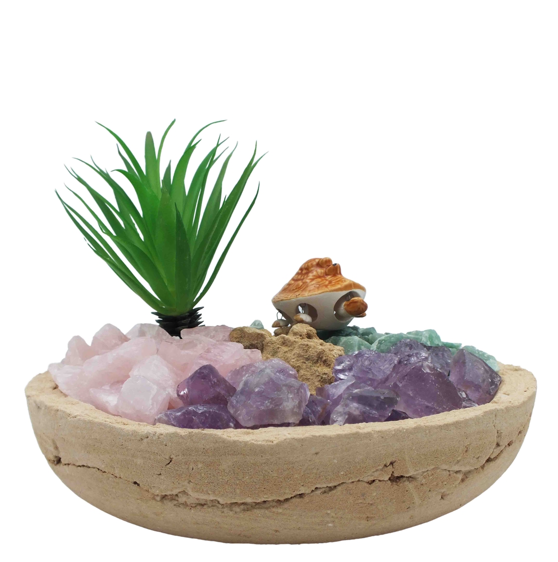 מעיין נובע בקערה עגולה במראה טבעי - אמטיסט, רוזקוורץ ואוונטורין ירוק גולמיות