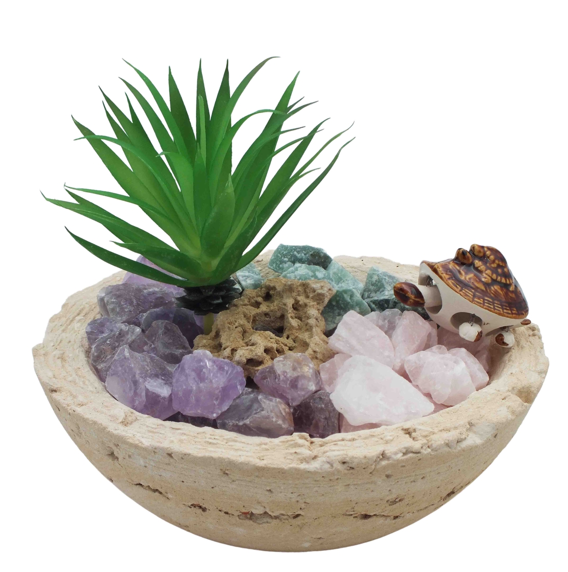 מעיין נובע בקערה עגולה במראה טבעי - אמטיסט, רוזקוורץ ואוונטורין ירוק גולמיות